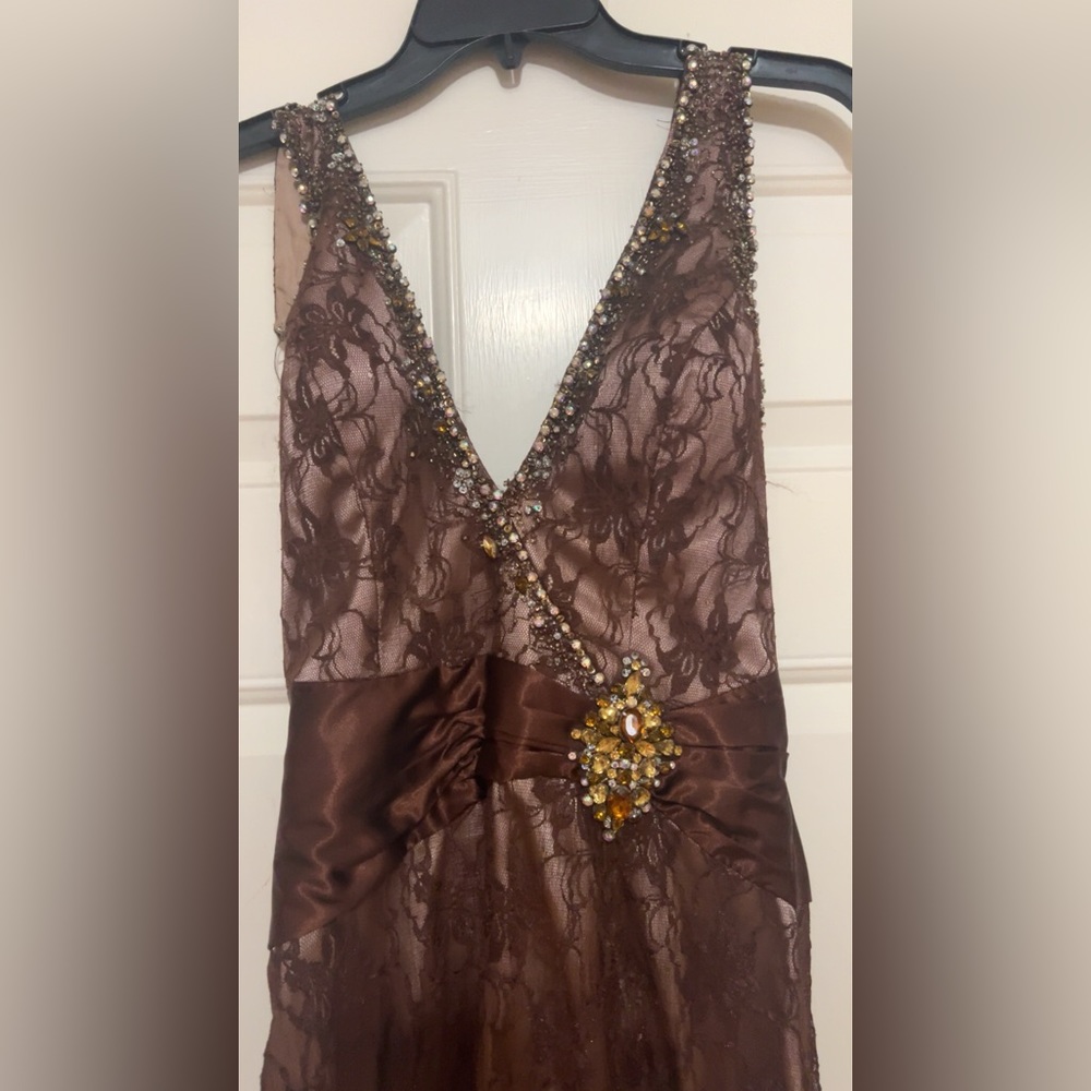 Brown Lace Halter Top Formal Dress